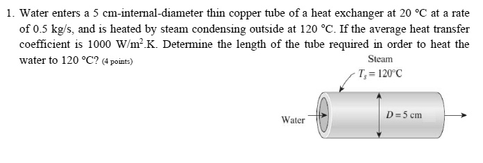 SOLVED: Water enters a 5 cm internal diameter thin copper tube of a ...
