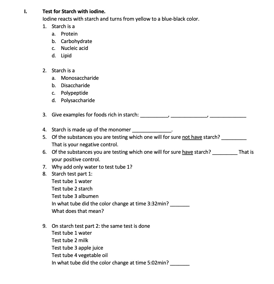 Test for Starch with iodine: Iodine reacts with starch and turns from ...