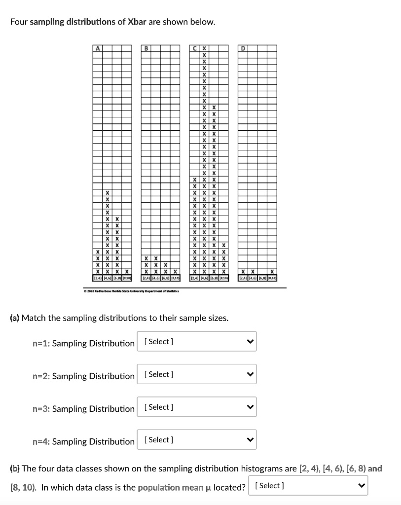 SOLVED Four sampling distributions of Xbar are shown below 0 X 1 X
