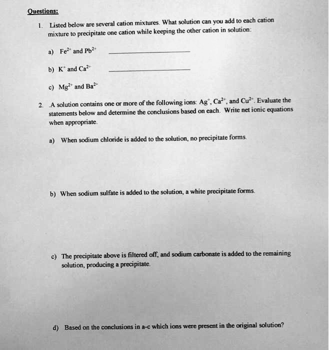 SOLVED:Quctiongi Listed bclow are several cation mixtures What solution ...