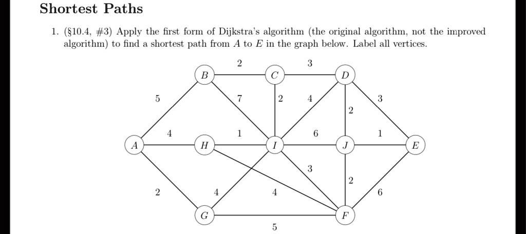 shortest paths 1 104 3 apply the first form of dijkstras algorithm the original algorithm not the improved algorithm to find a shortest path from a to e in the graph below label all vertices 93388