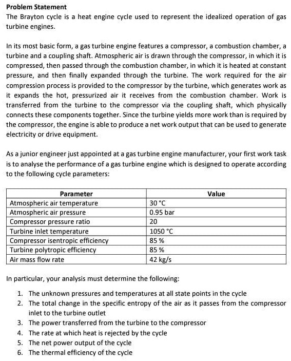 SOLVED Problem Statement The Brayton cycle is a heat engine cycle used