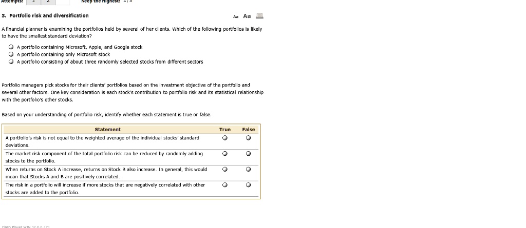 SOLVED: 3. Portfolio Risk And Diversification Aa Aa E A Financial ...