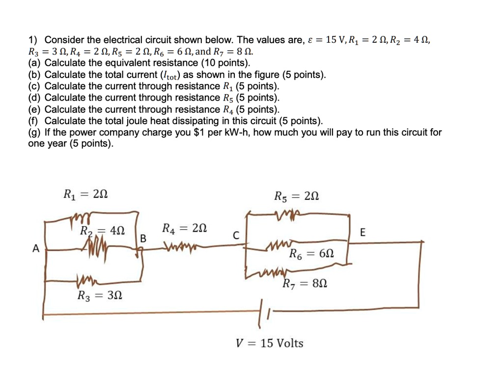 1) Consider the electrical circuit shown below. The values are, ( epsilon = 15 	ext V ), ( R1 = 2 Omega ), ( R2 = 4 Omega ), ( R3 = 3 Omega ), ( R4 = 2 Omega ), ( R5 = 2 Omega ), ( R6 = 6 Omega ), and ( R7 = 8 Omega ).
(a) Calculate the equivalent resistance (10 points).
(b) Calculate the total current ( (Itot) ) as shown in the figure (5 points).
(c) Calculate the current through resistance ( R1 ) (5 points).
(d) Calculate the current through resistance ( R5 ) (5 points).
(e) Calculate the current through resistance ( R4 ) (5 points).
(f) Calculate the total joule heat dissipating in this circuit (5 points).
(g) If the power company charge you 1 per kW-h, how much you will pay to run this circuit for
one year (5 points).