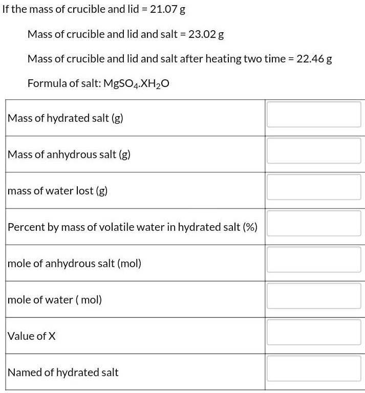 SOLVEDIf the mass of crucible and lid = 21.07 g Mass of crucible and