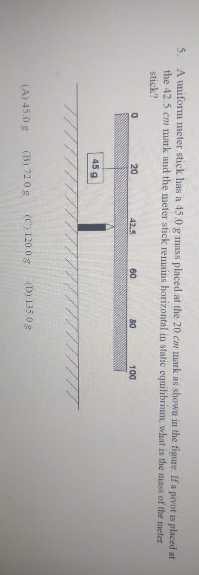 5. A uniform meter stick has a 45.0 g mass placed at the 20 cm mark as ...