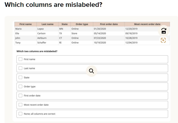 Which columns are mislabeled?

First name Last name State Order type First order date Most recent order date
Mario Lopez MN Online 01/20/2020 12/20/2019
Ella Carlson TX Store 05/14/2020 09/18/2019
John Ashburn CT Online 07/23/2020 10/28/2019
Tony Schaffer RI Online 10/19/2020 12/04/2019

Which two columns are mislabeled?
First name
Last name
State
Order type
First order date
Most recent order date
None; all columns are correct