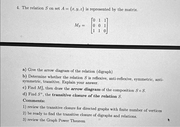 SOLVED: The relation S on set A = 1,9,2 is represented by the matrix ...