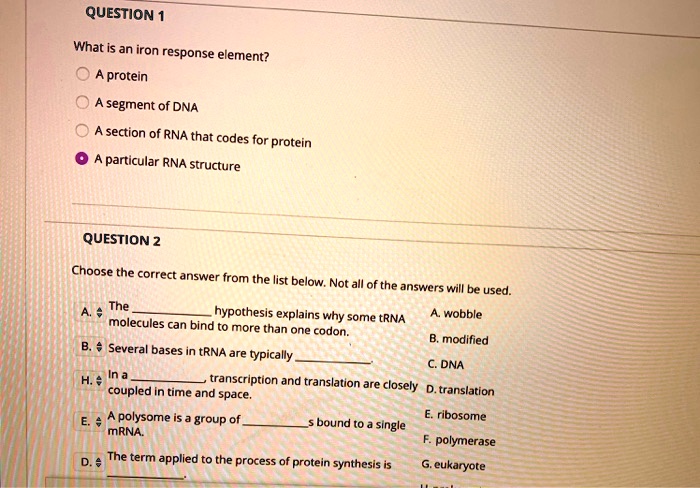 SOLVED: QUESTION What is an iron response element? protein A segment of ...