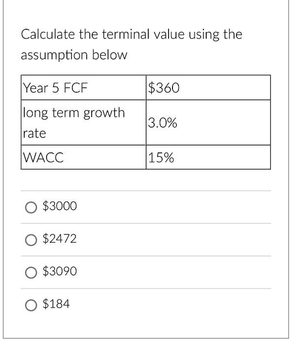 SOLVED Calculate the terminal value using the assumption below Year 5