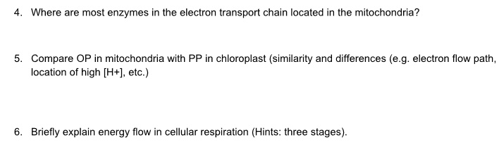 4. Where are most enzymes in the electron transport chain located in the mitochondria?

5. Compare OP in mitochondria with PP in chloroplast (similarity and differences (e.g. electron flow path,
location of high [H+], etc.)

6. Briefly explain energy flow in cellular respiration (Hints: three stages).