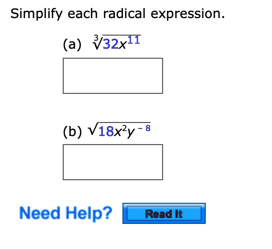 simplify each radical expression a v32x1t b v18x2y need help read it 92203