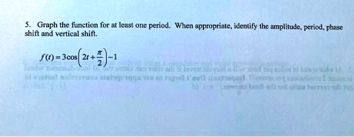 Graph the function for at least one period. When appropriate, identify the amplitude, period, phase shift and vertical shift.

f(t) = 3 cosleft(2t + fracpi2ight) - 1