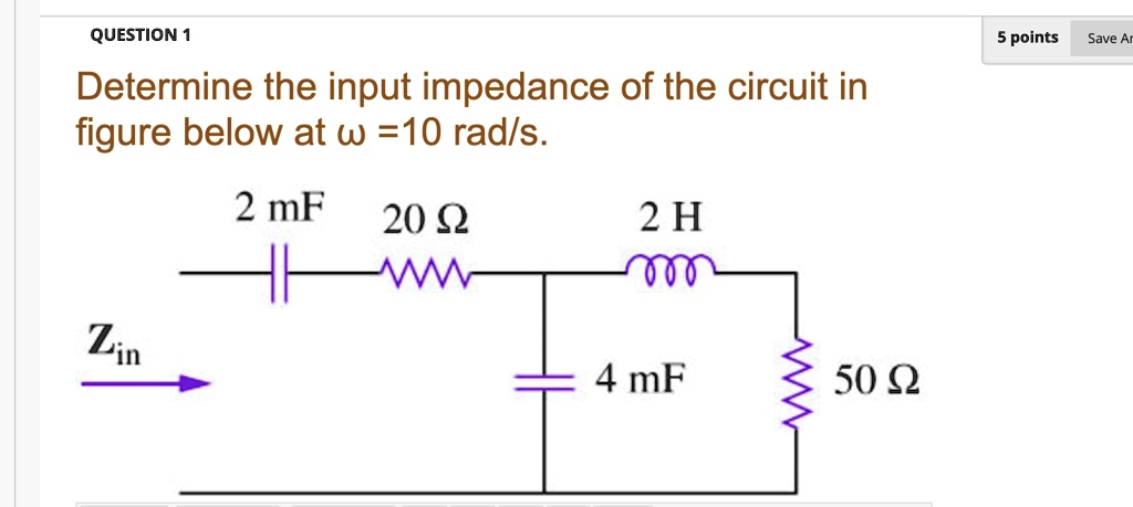 SOLVED: QUESTION 1 5 Points Save A Determine The Input Impedance Of The ...