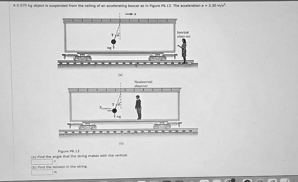 A 0.575 kg object is suspended from the ceiling of an accelerating boxcar as in Figure P6.13. The acceleration a = 2.30  m/s^2.
Figure P6.13
(a) Find the angle that the string makes with the vertical.
(b) Find the tension in the string.