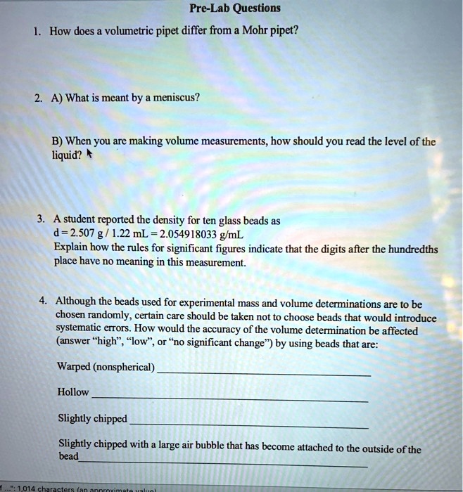 SOLVED PreLab Questions How does a volumetric pipette differ from a