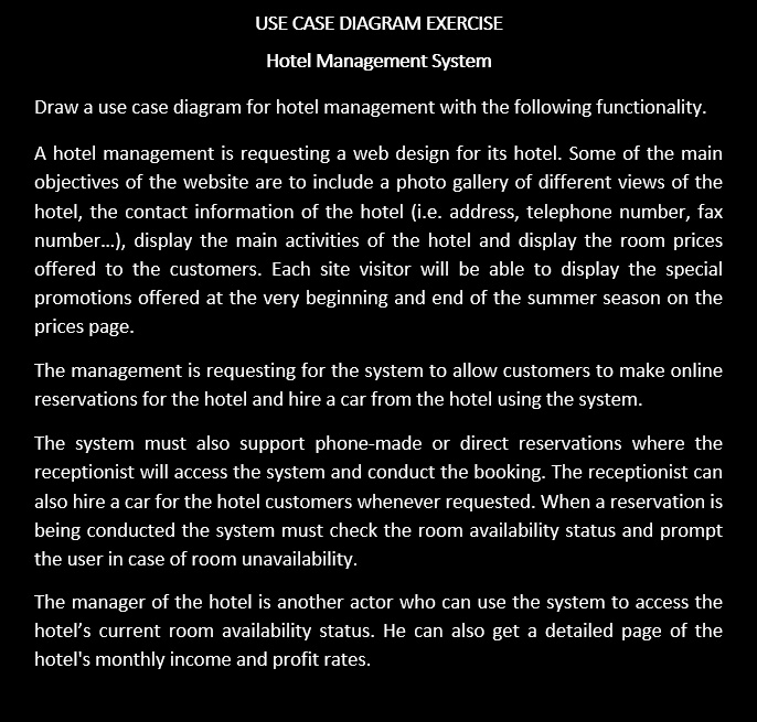 SOLVED Texts DRAW A USE CASE DIAGRAM USE CASE DIAGRAM EXERCISE Hotel