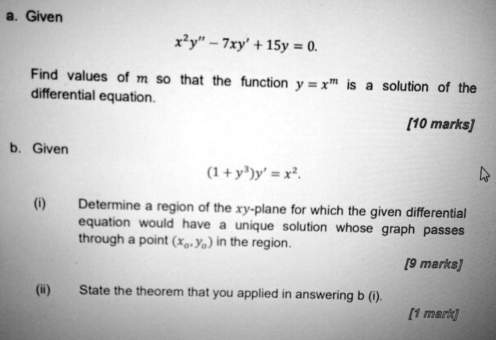 SOLVED: a. Given x^2y" + 15y = 0. Find values of m so that the function ...