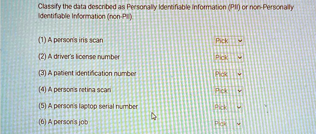 SOLVED: Classify the data described as Personally Identifiable ...