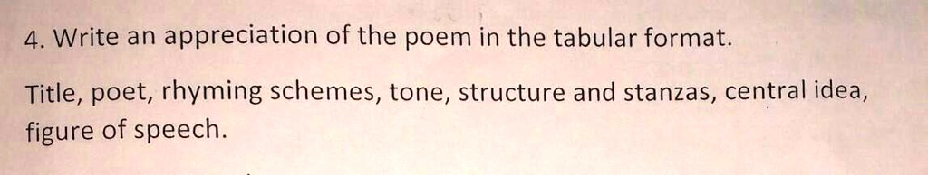 [GET ANSWER] write an appreciation of the poem in the tabular format ...