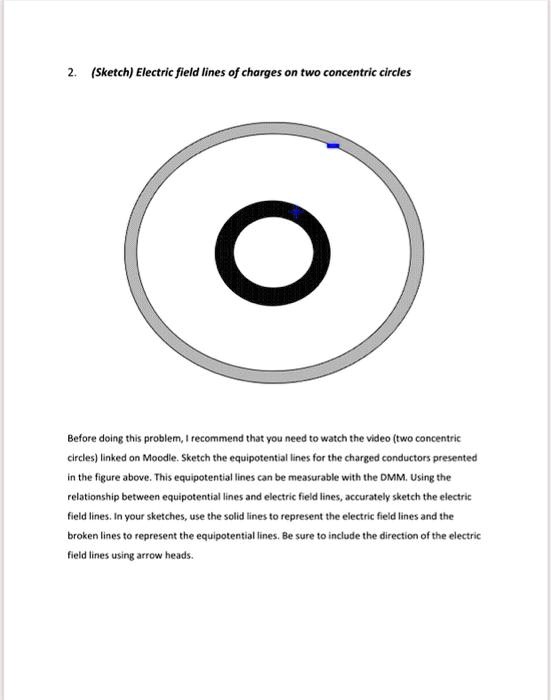 2. (Sketch) Electric field lines of charges on two concentric circles
Before doing this problem, I recommend that you need to watch the video (two concentric
circles) linked on Moodle. Sketch the equipotential lines for the charged conductors presented
in the figure above. This equipotential lines can be measurable with the DMM. Using the
relationship between equipotential lines and electric field lines, accurately sketch the electric
field lines. In your sketches, use the solid lines to represent the electric field lines and the
broken lines to represent the equipotential lines. Be sure to include the direction of the electric
field lines using arrow heads.