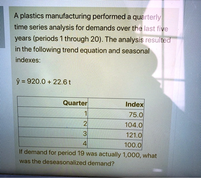 A plastics manufacturing performed a quarterly time series analysis for demands over the last five years (periods 1 through 20). The analysis resulted in the following trend equation and seasonal indexes:

? = 920.0 + 22.6 t

Quarter | Index
1 | 75.0
2 | 104.0
3 | 121.0
4 | 100.0

If demand for period 19 was actually 1,000, what was the deseasonalized demand?