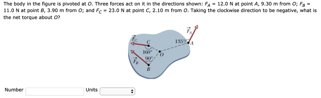 The body in the figure is pivoted at O. Three forces act on it in the directions shown: FA = 12.0 N at point A, 9.30 m from O; FB = 11.0 N at point B, 3.90 m from O; and FC = 23.0 N at point C, 2.10 m from O. Taking the clockwise direction to be negative, what is the net torque about O?