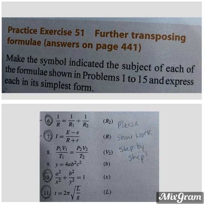 SOLVED: Practice Exercise 51 Further Transposing Formulae (answers On ...