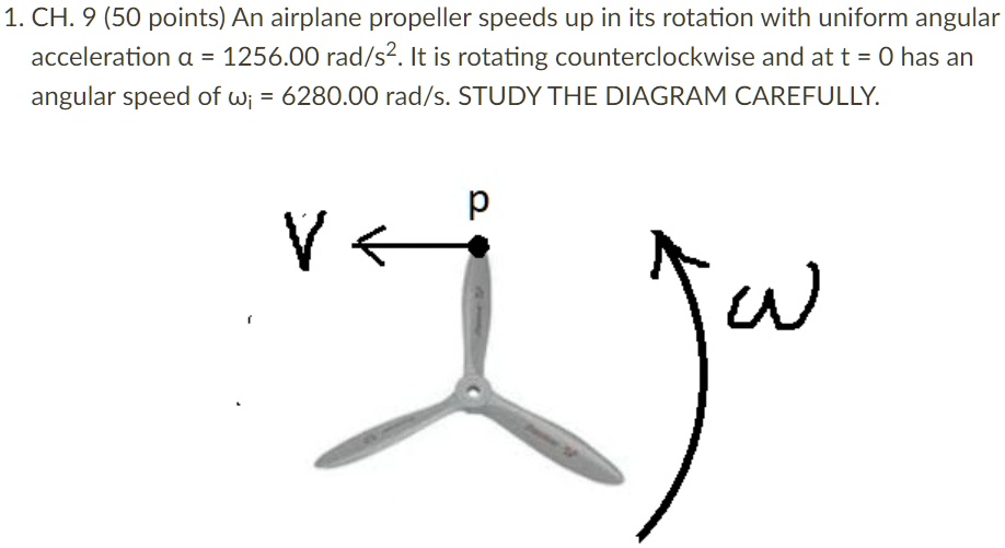 1. CH. 9 (50 points) An airplane propeller speeds up in its rotation ...