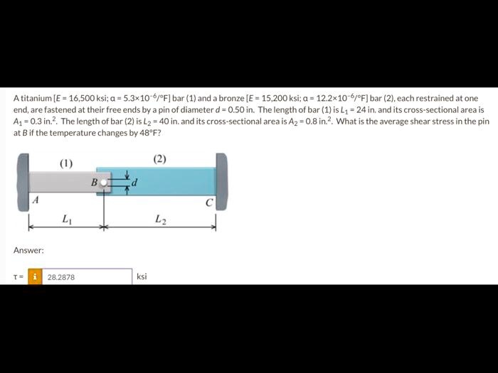 SOLVED A titanium [E = 16,500 ksi; Î± = 5.3*10^6/Â°F] bar (1) and a