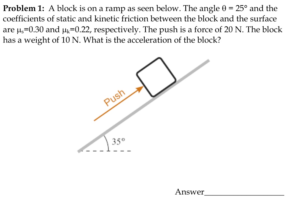 SOLVED: Problem 1: A block is on a ramp as seen below. The angle Î ...