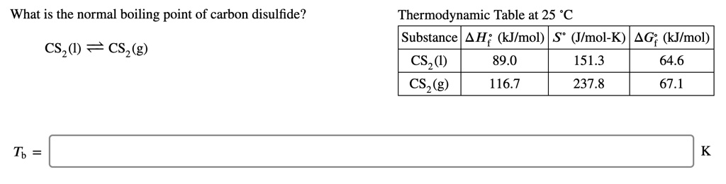 Solved What Is The Normal Boiling Point Of Carbon Disulfide Thermodynamic Table At 25 C Substance 4 H Kjimol Jlmol K Ag Kjlmol Csz 89 0 151 3 64 6 Csz 116 7 237 8 67 1 Csz 4 Csz G Tb