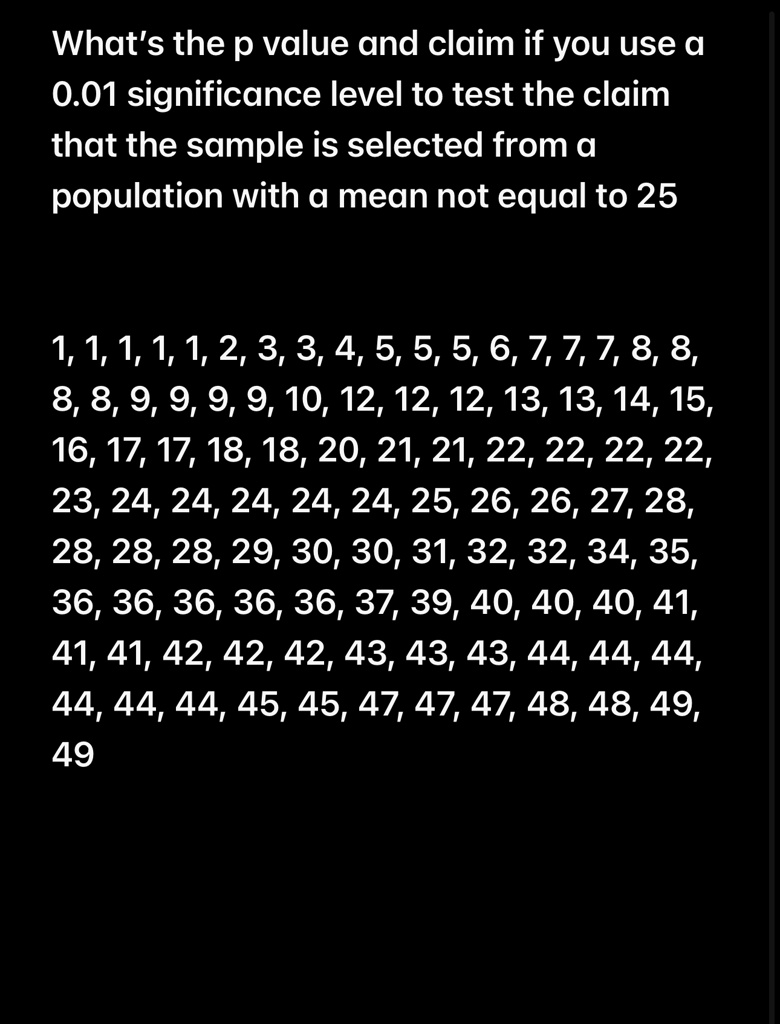 What's the p value and claim if you use a
0.01 significance level to test the claim
that the sample is selected from a
population with a mean not equal to 25
1, 1, 1, 1, 1, 2, 3, 3, 4, 5, 5, 5, 6, 7, 7, 7, 8, 8,
8, 8, 9, 9, 9, 9, 10, 12, 12, 12, 13, 13, 14, 15,
16, 17, 17, 18, 18, 20, 21, 21, 22, 22, 22, 22,
23, 24, 24, 24, 24, 24, 25, 26, 26, 27, 28,
28, 28, 28, 29, 30, 30, 31, 32, 32, 34, 35,
36, 36, 36, 36, 36, 37, 39, 40, 40, 40, 41,
41, 41, 42, 42, 42, 43, 43, 43, 44, 44, 44,
44, 44, 44, 45, 45, 47, 47, 47, 48, 48, 49,
49