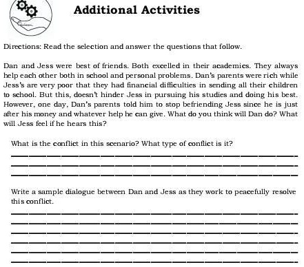 write a simple dialogue between dan and jess as they work to peacefully resolve this conflict additional activities directions rcad sclection and answcr qucstions that follow dan jess wcc bc 25933