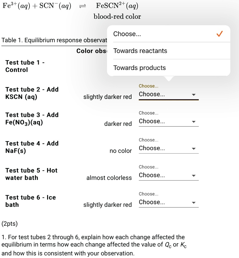 SOLVED Fe3+(aq) + SCN (aq) â†’ FeSCN2+ (aq) bloodred color Table 1