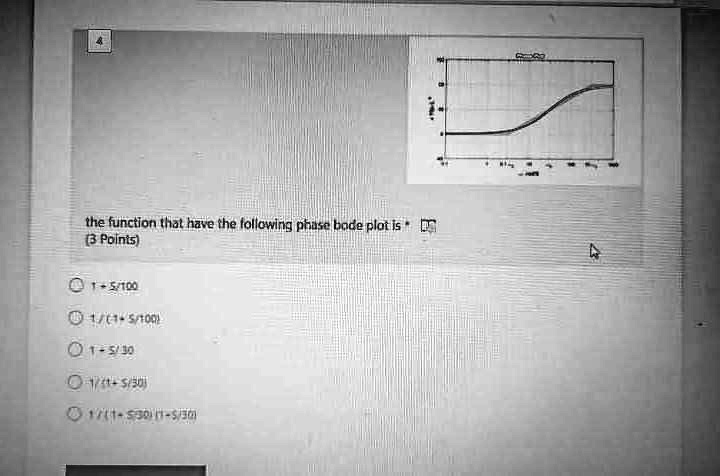 the function that have the following phase bode plot is 
(3 Points)
1 + (s)/(100)
(1)/(1 + (s)/(100))
1 + (s)/(30)
(1)/(1 + (s)/(30))
(1)/((1 + (s)/(30))(1 + (s)/(30)))