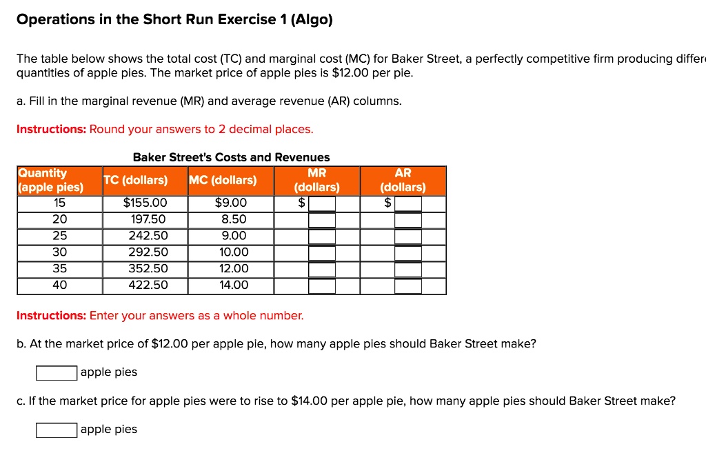 Operations in the Short Run Exercise 1 (AIgo) The table below shows the