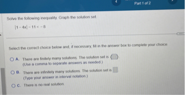 Part 1 of 2 Solve the following inequality Graph the solution set |1-4 ...