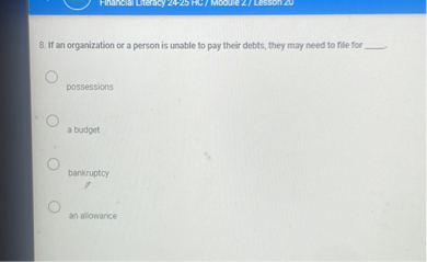 8. If an organization or a person is unable to pay their debts, they may need to file for .

possessions

a budget

bankruptcy

an allowance