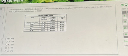 Assuming we spent 1000 in the base year – 50% on diet cola, 40% on telephone service and 10% on milk. If the CPI in 2021 is 105.23, what is the inflation rate in 2022?

Market Basket Prices
Year | Price of Diet Cola | Price of Telephone Service | Price of Milk
2020 (base year) |1.20 | 30.00 |2.10
2021 | 1.25 |32.00 | 2.20
2022 |1.30 | 34.00 |2.40
2023 | 1.40 |34.00 | 2.50
2024 |1.50 | 36.00 |2.60

Select one:
a. 4%
b. 5%
c. 7%
d. 8%