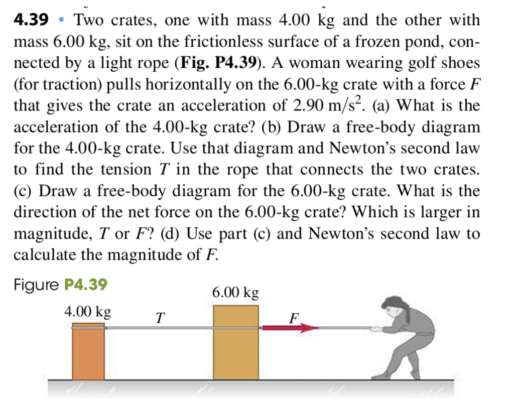 4.39 • Two crates, one with mass 4.00 kg and the other with mass 6.00 kg, sit on the frictionless surface of a frozen pond, connected by a light rope (Fig. P4.39). A woman wearing golf shoes (for traction) pulls horizontally on the 6.00-kg crate with a force F that gives the crate an acceleration of 2.90 m/s^2. (a) What is the acceleration of the 4.00-kg crate? (b) Draw a free-body diagram for the 4.00-kg crate. Use that diagram and Newton’s second law to find the tension T in the rope that connects the two crates. (c) Draw a free-body diagram for the 6.00-kg crate. What is the direction of the net force on the 6.00-kg crate? Which is larger in magnitude, T or F? (d) Use part (c) and Newton’s second law to calculate the magnitude of F.
Figure P4.39