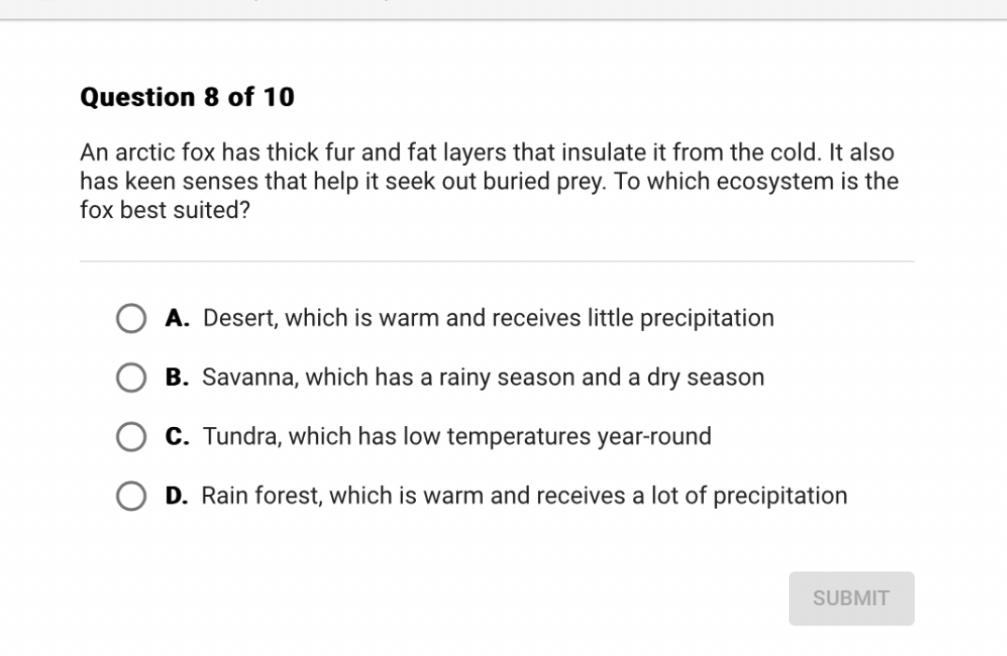 An arctic fox has thick fur and fat layers that insulate it from the cold. It also has keen senses that help it seek out buried prey. To which ecosystem is the fox best suited?

A. Desert, which is warm and receives little precipitation
B. Savanna, which has a rainy season and a dry season
C. Tundra, which has low temperatures year-round
D. Rain forest, which is warm and receives a lot of precipitation