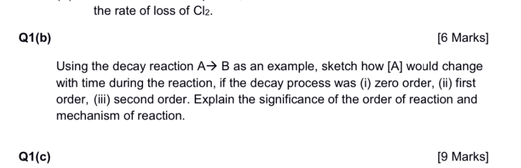 Using the decay reaction A ? B as an example, sketch how [A] would change with time during the reaction, if the decay process was (i) zero order, (ii) first order, (iii) second order. Explain the significance of the order of reaction and mechanism of reaction.