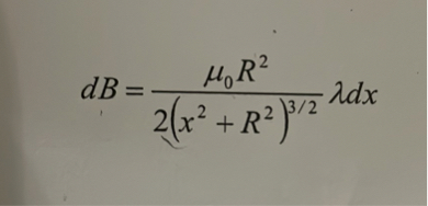 ( d B=fracmu0 R^22left(x^2+R^2ight)^3 / 2 lambda d x )