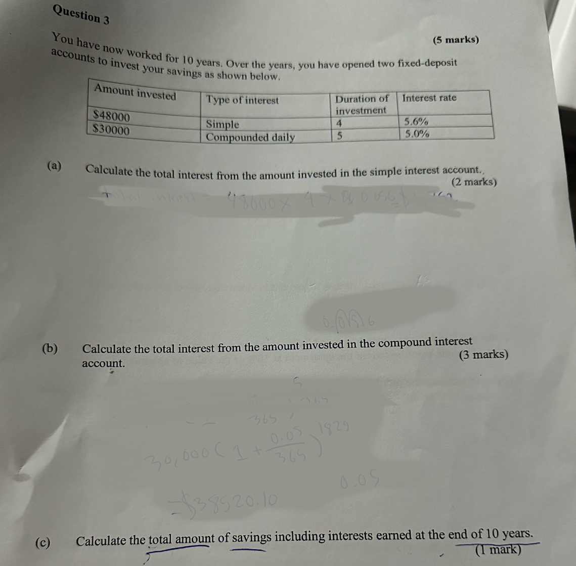 Question 3
(5 marks)
You have now worked for 10 years. Over the years, you have opened two fixed-deposit accounts to invest your savings as shown below.

| Amount invested | Type of interest | Duration of investment | Interest rate |
| :— | :— | :— | :— |
| 48000 | Simple | 4 | 5.6% |
|30000 | Compounded daily | 5 | 5.0% |

(a) Calculate the total interest from the amount invested in the simple interest account. (2 marks)
(b) Calculate the total interest from the amount invested in the compound interest account. (3 marks)
(c) Calculate the total amount of savings including interests earned at the end of 10 years. (1 mark)