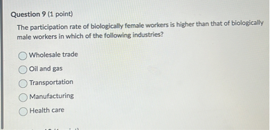 Question 9 (1 point)
The participation rate of biologically female workers is higher than that of biologically male workers in which of the following industries?
Wholesale trade
Oil and gas
Transportation
Manufacturing
Health care