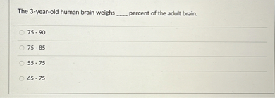 The 3-year-old human brain weighs  percent of the adult brain.
75 - 90
75 - 85
55 - 75
65 - 75