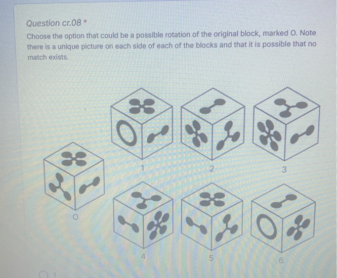 Question cr.08*
Choose the option that could be a possible rotation of the original block, marked O. Note there is a unique picture on each side of each of the blocks and that it is possible that no match exists.

2
3

5

6