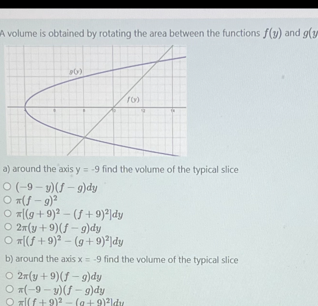 SOLVED: A volume is obtained by rotating the area between the functions ...
