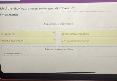 Which of the following are necessary for speciation to occur?
Correct Answer(s)
coevolution
reproductive isolation
genetic divergence
environmental change
Incorrect Answer(s)